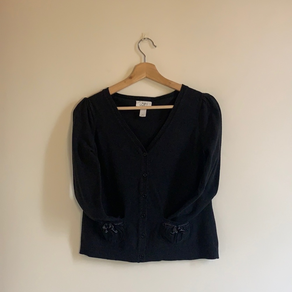 Ann Taylor Loft Black Button Down Cardigan Sweater With Velvet Bow Pocket Detail